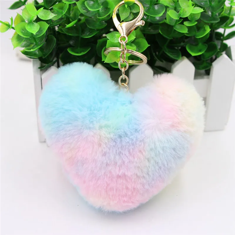 10 см пушистый меховой помпон пушистый брелок для ключей мягкий Dreamy Rainbow Heart shape помпон Искусственный Кролик меховой шар автомобильный брелок мягкие Подарочные игрушки - Цвет: Dreamy Color