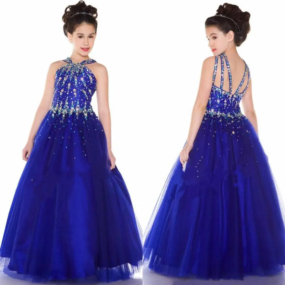 

Royal Blue Girls Pageant Dresses Ball Gown Halter Tulle Beaded Crystals Long Flower Girl Dresses For Weddings Little Girls