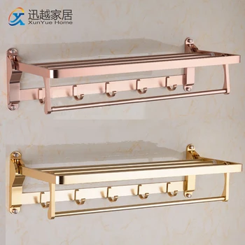 

Gold Aluminum Bath Towel Hanger With Hook Shower Shelf Wall Mounted Folding Holder Fasion Organizer Rack Bathroom Accessories