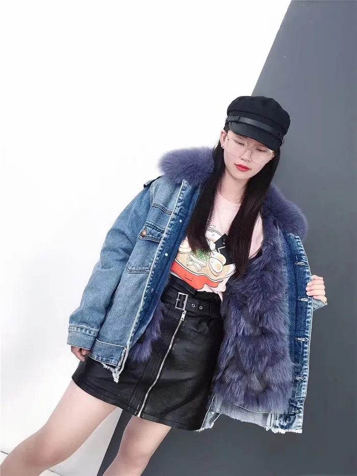 real fur coat Winter Jacket Women Coat Real fox Fur lined denim jacket Parka back letter print