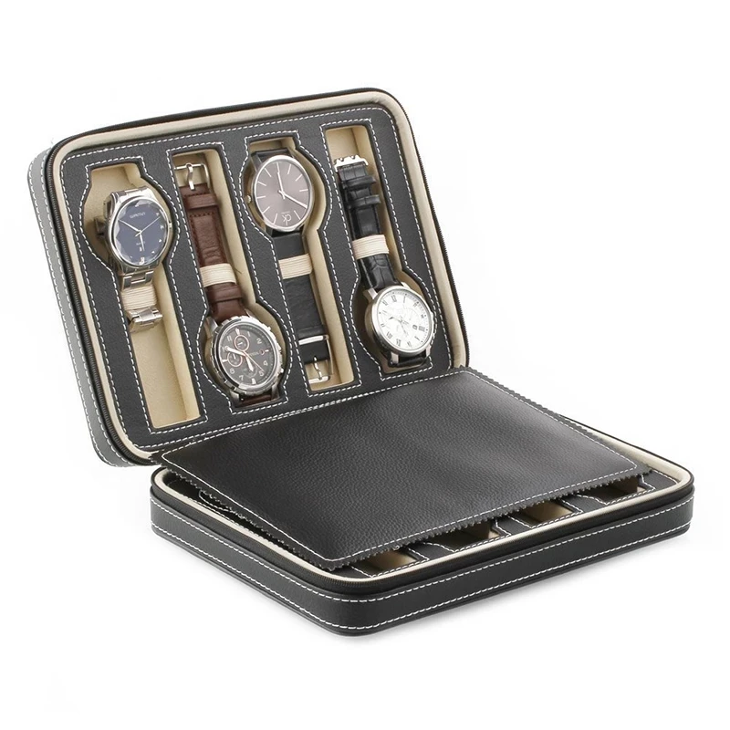 Black Faux Leather Watch Display Storage Box Watched Case 2/4/8 Grids Tray Zippered Travel Watch Collector Case
