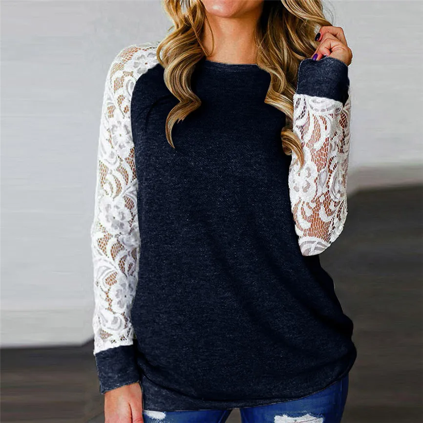 Женская футболка s и Lace s модная сексуальная Кружевная футболка с круглым вырезом и цветочным принтом топы с длинным рукавом женская футболка