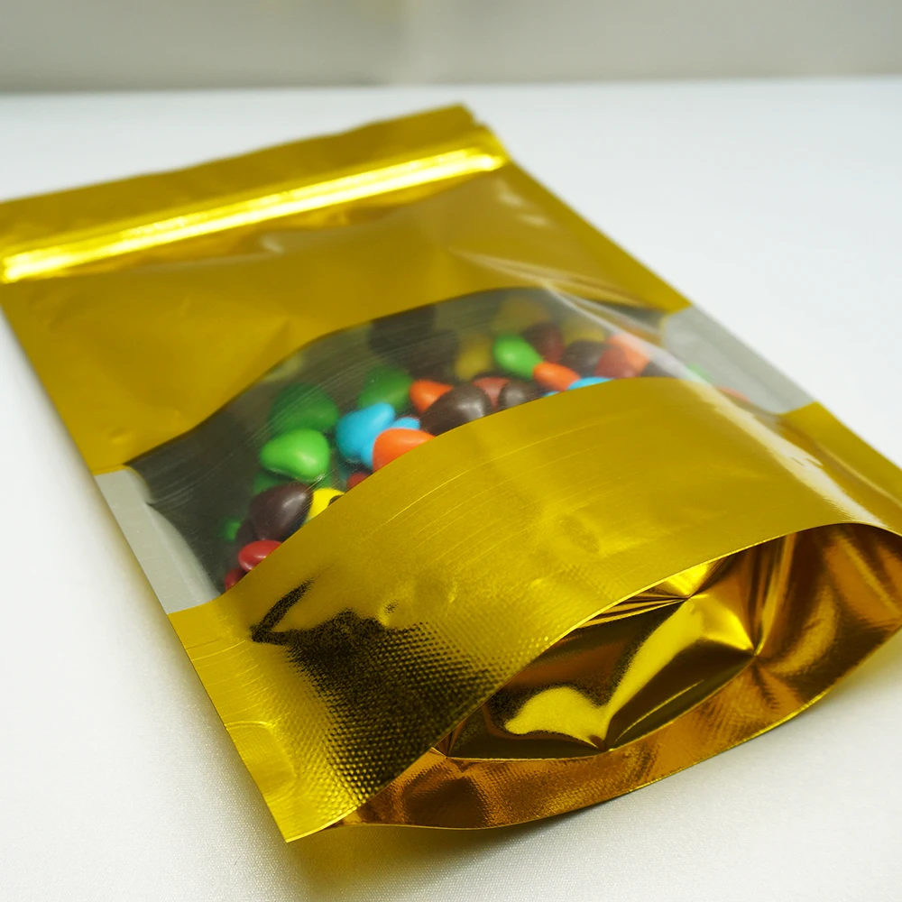 12x20cm 100pcs Golden Stand Aluminium Foil ZipLock Bags With Clear Window Metallic Aluminized Nuts Plastic Bag Pasta Zipper Pack | Дом и сад
