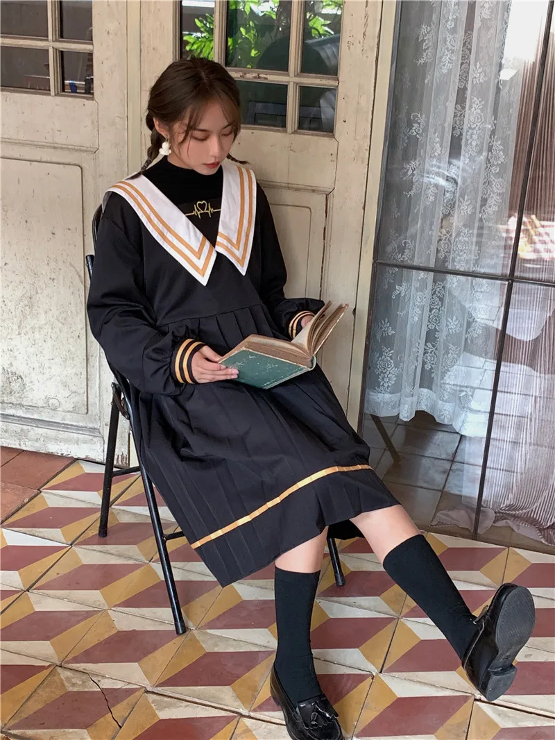 Японское Harajuku Весна Осень женское милое платье Готический матросский воротник черное платье с вышивкой элегантный стиль плиссированное платье