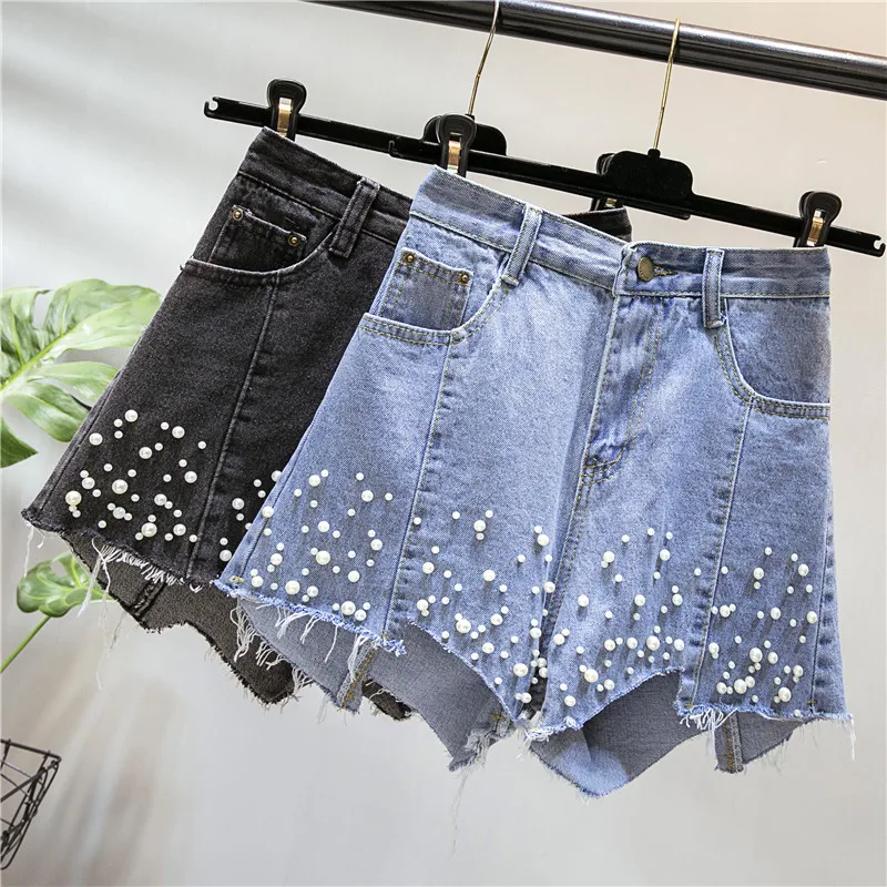 Women Clothes Women's Shorts New Solid Color Beaded Thin High Waist Harajuku Wild Wide Leg Jeans Women Pants Jeans