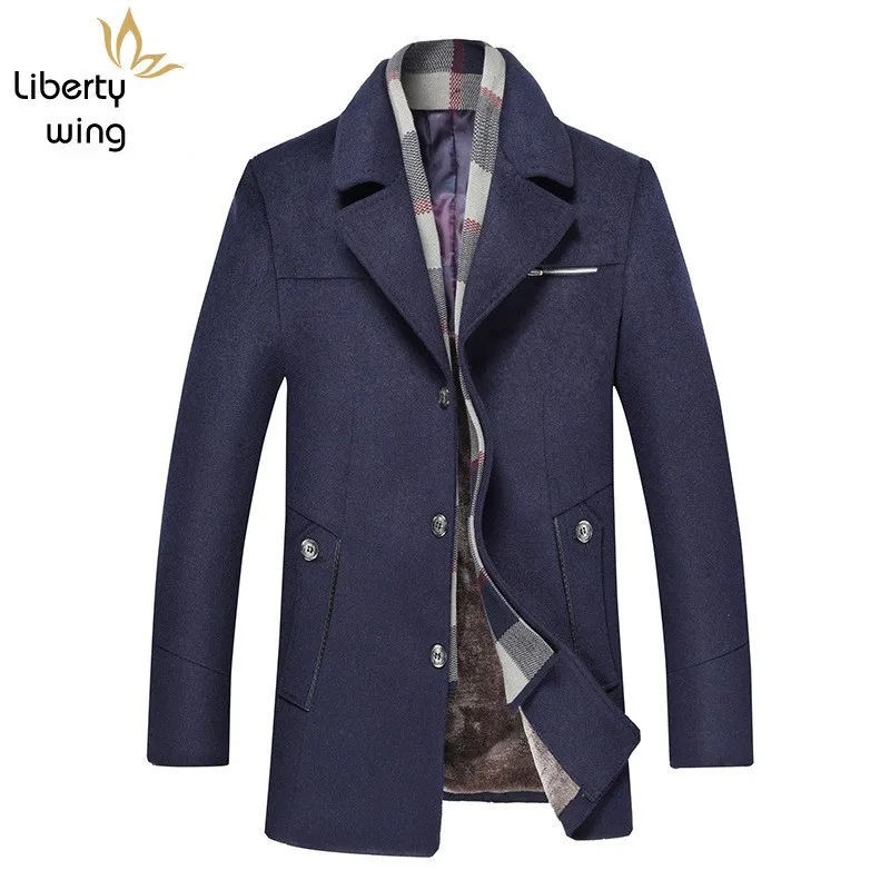

Smart Casual Autumn Winter Medium Length Scarf Collar Mens Woolen Long Sleeve Single Breasted Fleece Lining Thick Coats