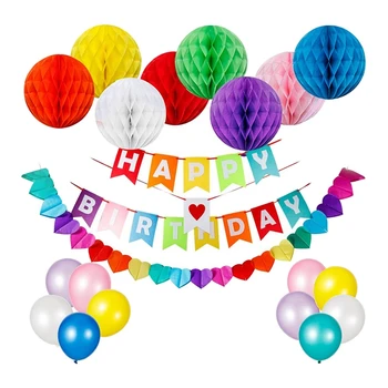 

32 Pieces of Birthday Party Decorations, Birthday Flags Colored Paper Honeycomb Ball Balloons