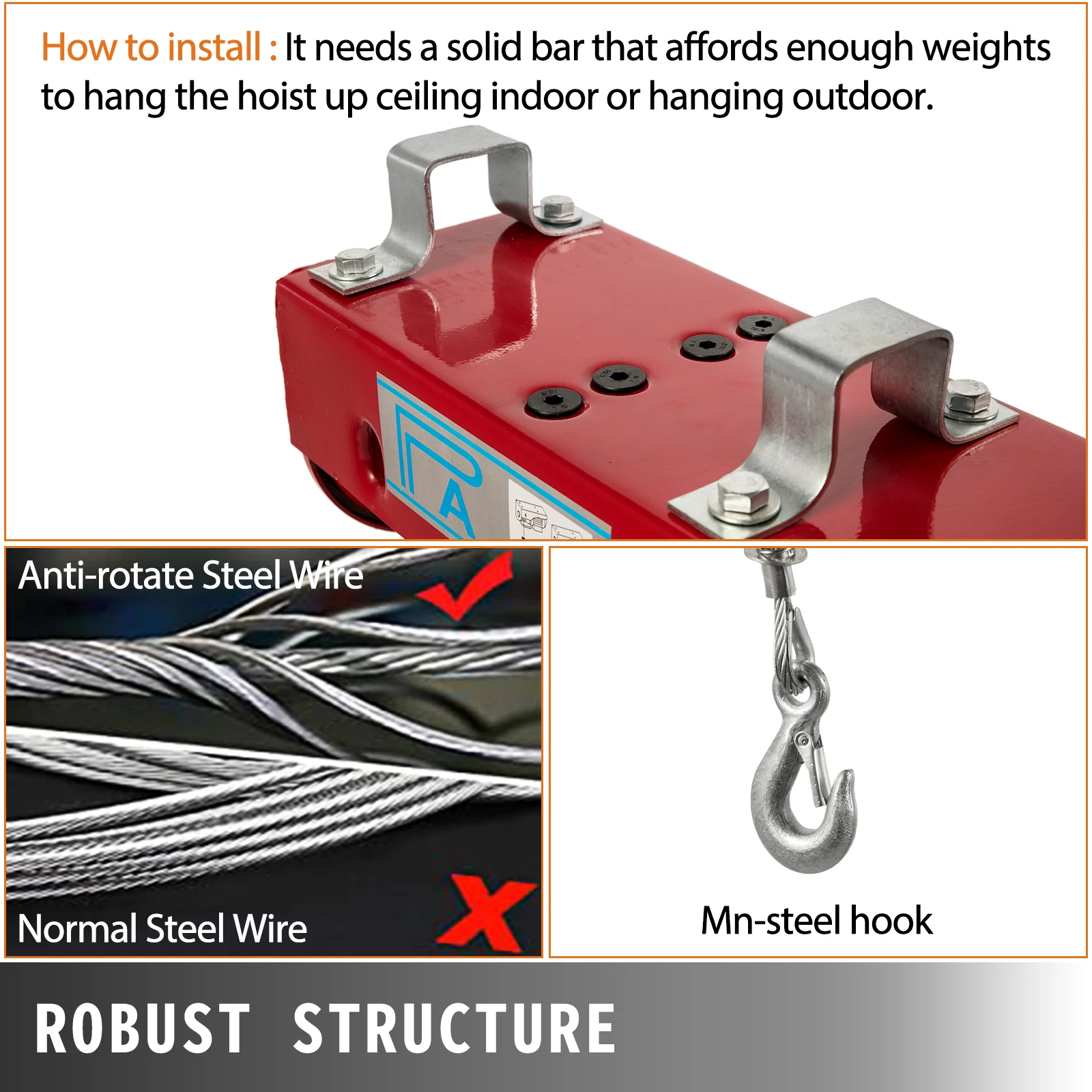 VEVOR 1760 lbs 800 kg Electric Hoist Crane New Portable Lifter Overhead Garage Winch with Wired Remote Control and Limit Switch - Image 4