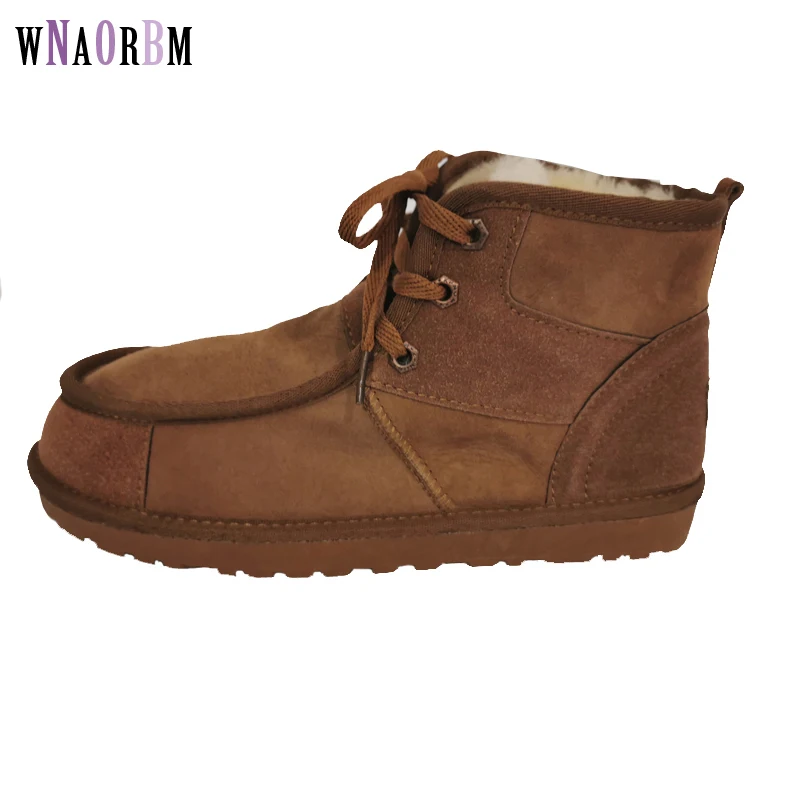 

Fashion snow boot for men lace-up winter shoes real sheepskin leather nature wool fur ankle short boots free shipping