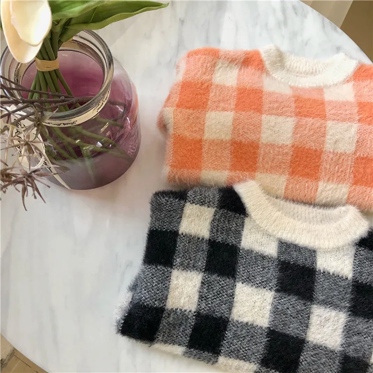 

Children 2019 Autumn and Winter New Long Sleeve Lattice Soft Sweaters Boys and Girls Plaid Wool Knitted Pullover Thick Top Coats