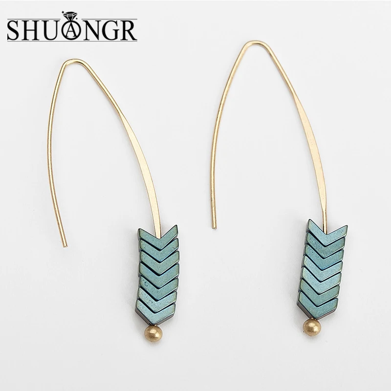 SHUANGR Vintage Natural Rock Stud Earrings Spear Gold Arrow Long Hook Earrings for Women Punk Brincos Fashion Jewelry