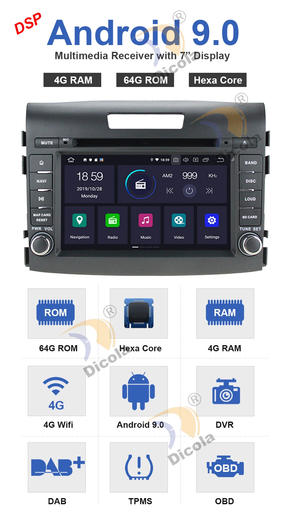 PX6 Android 9 4G+ 64G " HD Автомобильный dvd-плеер gps Navi для Honda CRV 2012- ips емкостный экран 1024*600+ wifi+ BT+ SWC+ RDS+ DSP