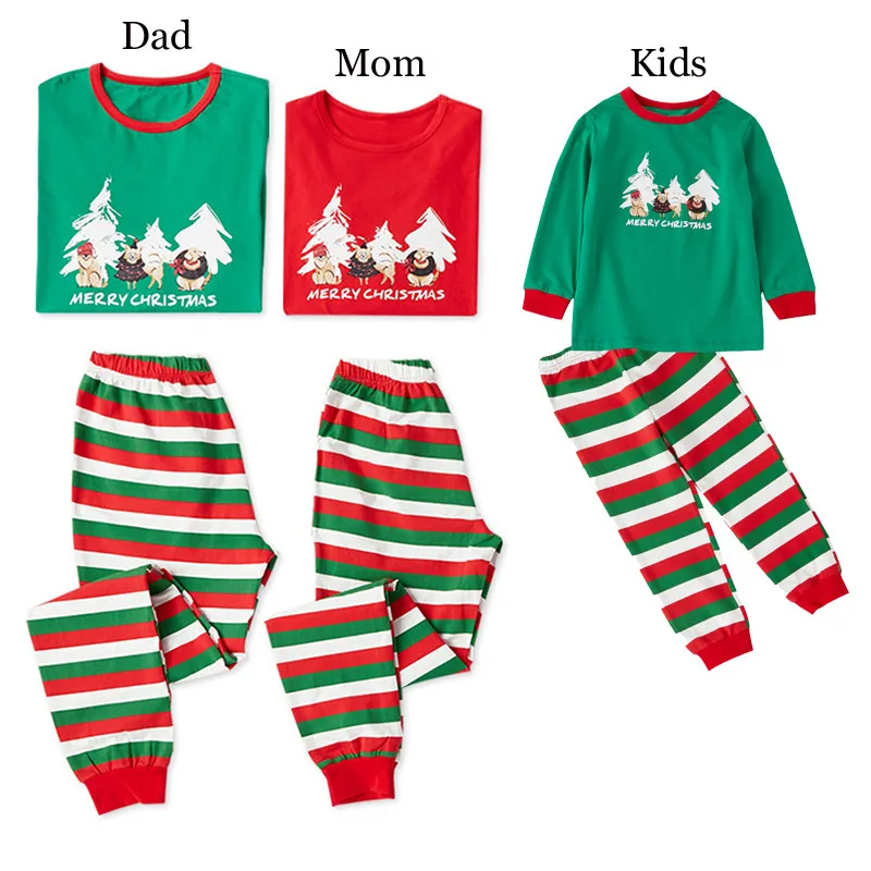 

2Pcs Family Christmas Pajamas Family Matching Clothes Christmas Pjs Sleepwear Kids&Adult Long Sleeve T-shirt+Striped Pants E0284