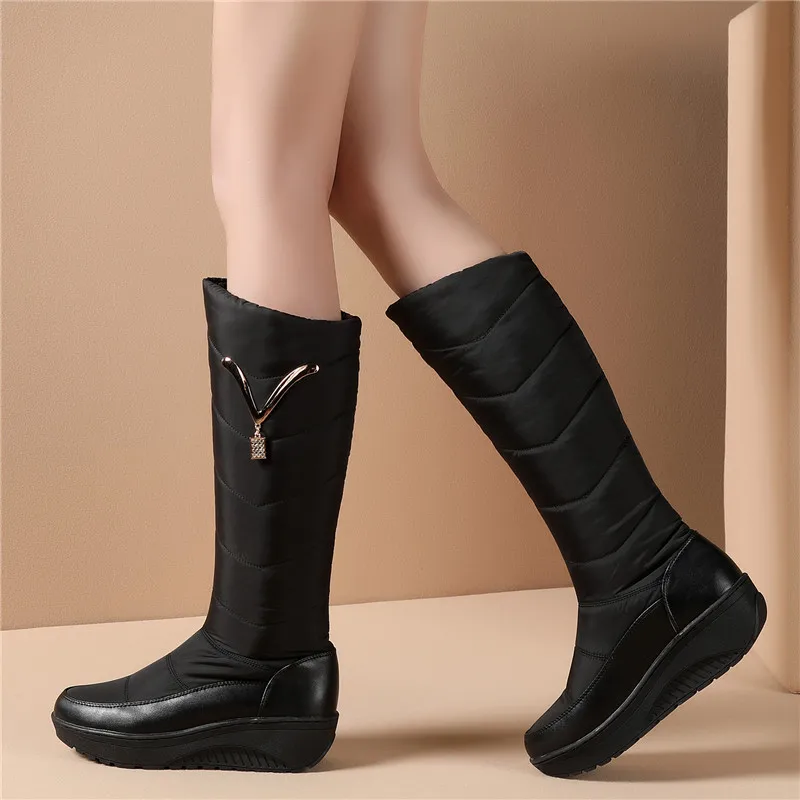 MORAZORA Snow Boots Women Winter Warm Platform Shoes fashion Metal decoration Waterproof non-slip wedges Knee High boots