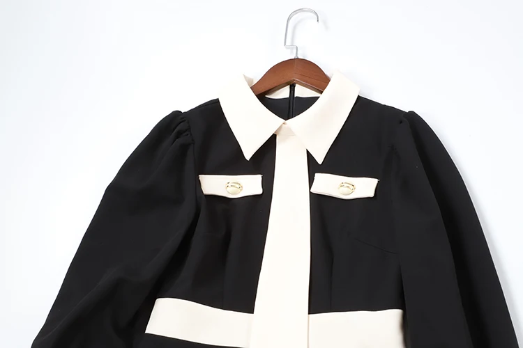 VERDEJULIAY Office Ladies Dress Fashion New Designer White Black Patchwork Long Sleeve Buttom Vintage Mini Dress Vestidos