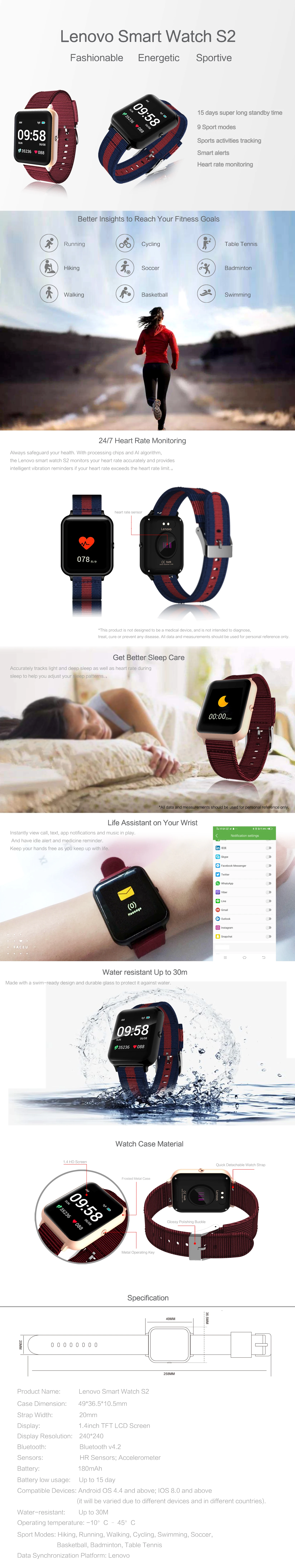 2021 Lenovo S2 Pro Smartwatch 1.69'' HD Screen Waterproof Fitness Heart Rate Monitor Sleep Monitoring Global Version