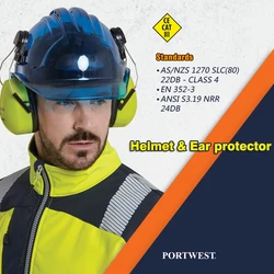Portwest – casque de sécurité anti bruit, ensemble de protège oreilles, certificat CE, à cliquet ventilé, pour le travail, translucide, haute Vis réglable 