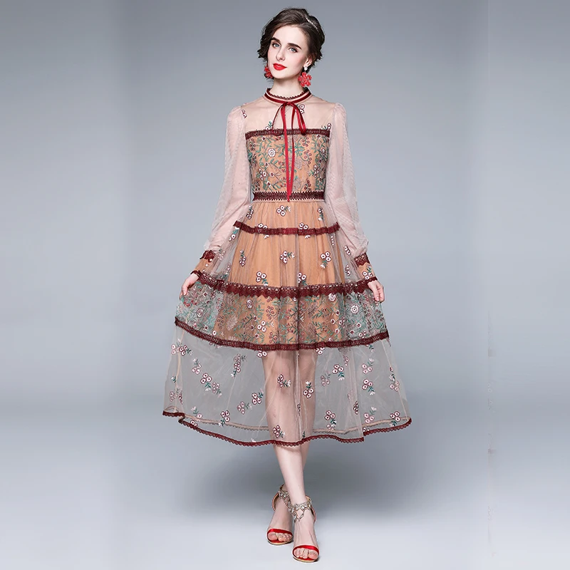 New Fashion Women Spring Lantern Sleeve Mesh Patchwork Embroidery Midi Dress Evening Party Dresses Jurk