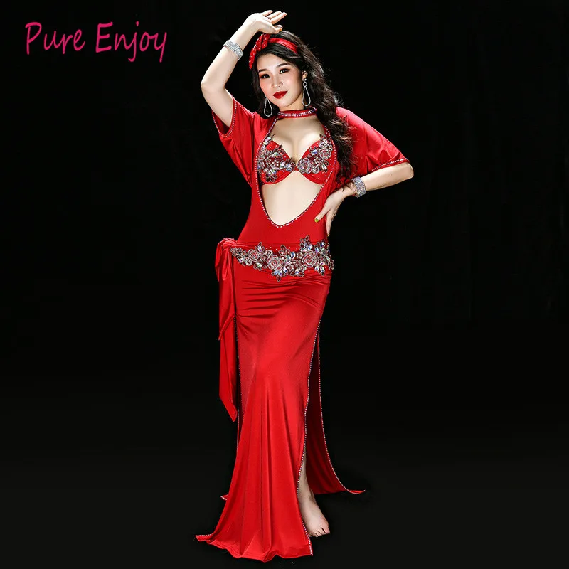 Красный Фиолетовый Костюм Танца Живота 5 Шт. Набор Женщины Bellydance Роскошный Египетский Стиль Galabeya Танцевальное Платье Спектакли