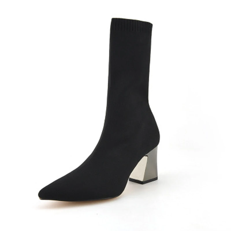 invierno negro sevienoras calcetines de punto tacones altos botas de invierno puntiagudas catidas botines de felpa para mujer