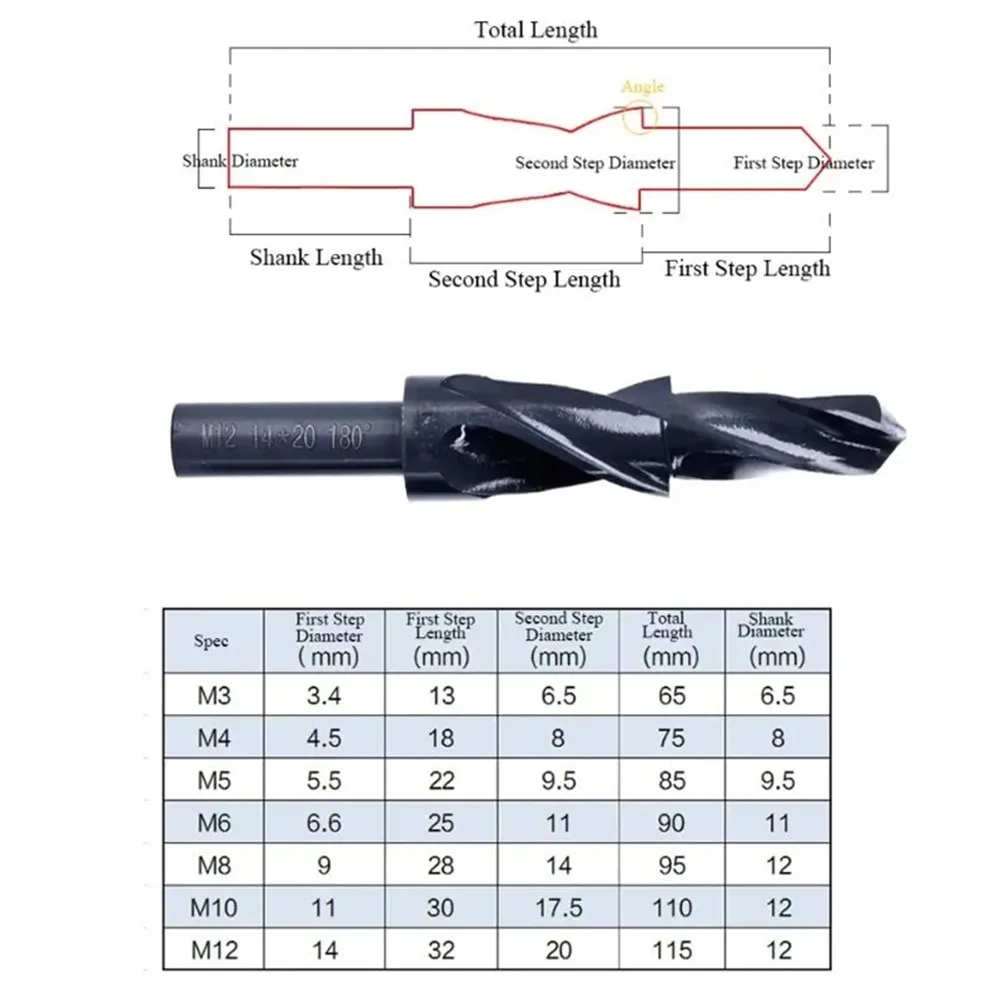 1PC M4--M12 90/180 Degree HSS Counterbore Spiral Step Drill Bit  Suitable For Metal/non-metal Drilling Chamfering