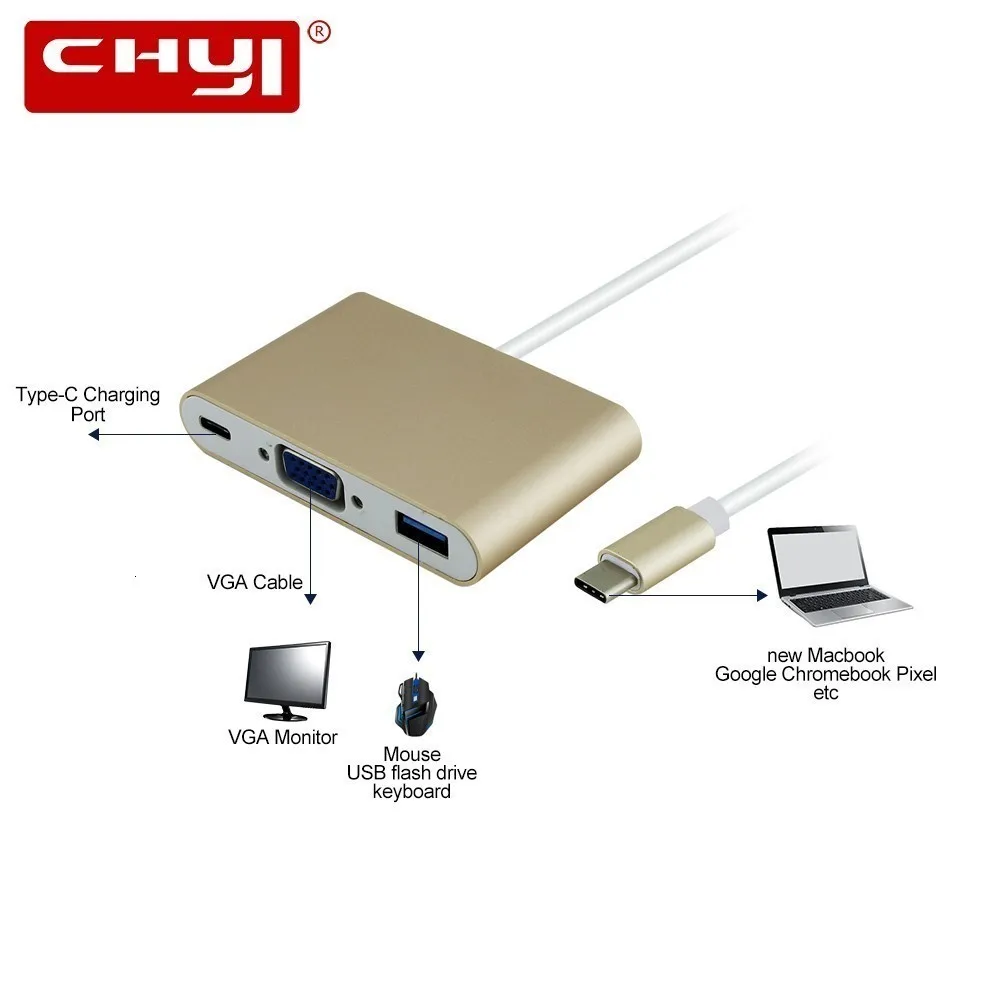 Адаптер USB C-VGA с портом зарядки типа C 3,1 из алюминиевого сплава USB 3,0 концентратор сплиттер конвертер для Macbook аксессуары
