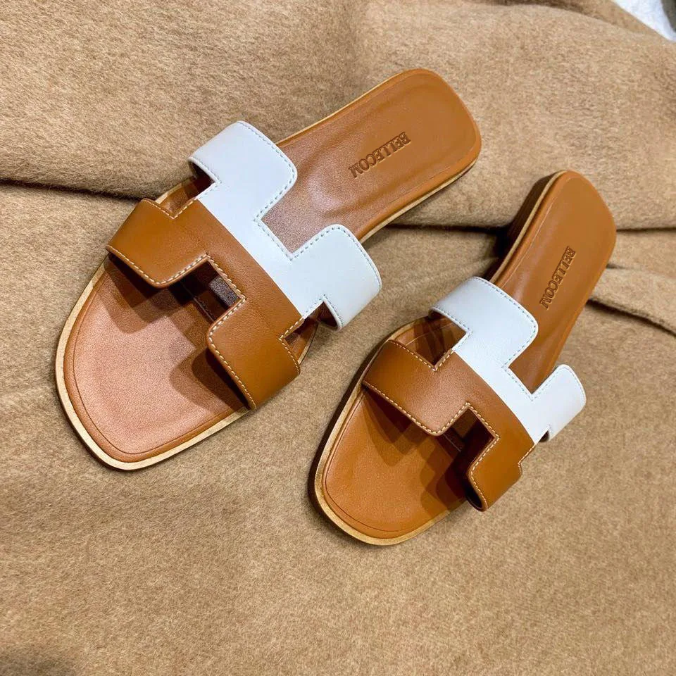 

BELLECOM 2019 Summer New Coloured Lacquer Leather Outside Slippers Fashion H Leather Flat Bottom Coupler