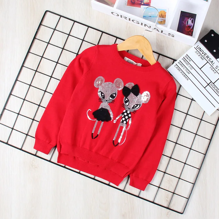 Autumn New Style Childrenswear Cartoon Sequin Embroidered Long-sleeve round Neck Sweater for Girl Sweater Children Knitted