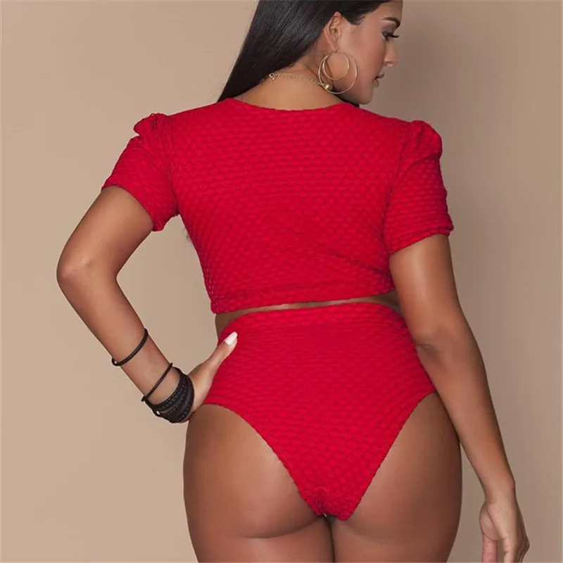 

New Style Europe And America Large Size Bathing Suit Solid Color Zipper High-waisted Mesh Double Layer Fabric Half Sleeve Bikini