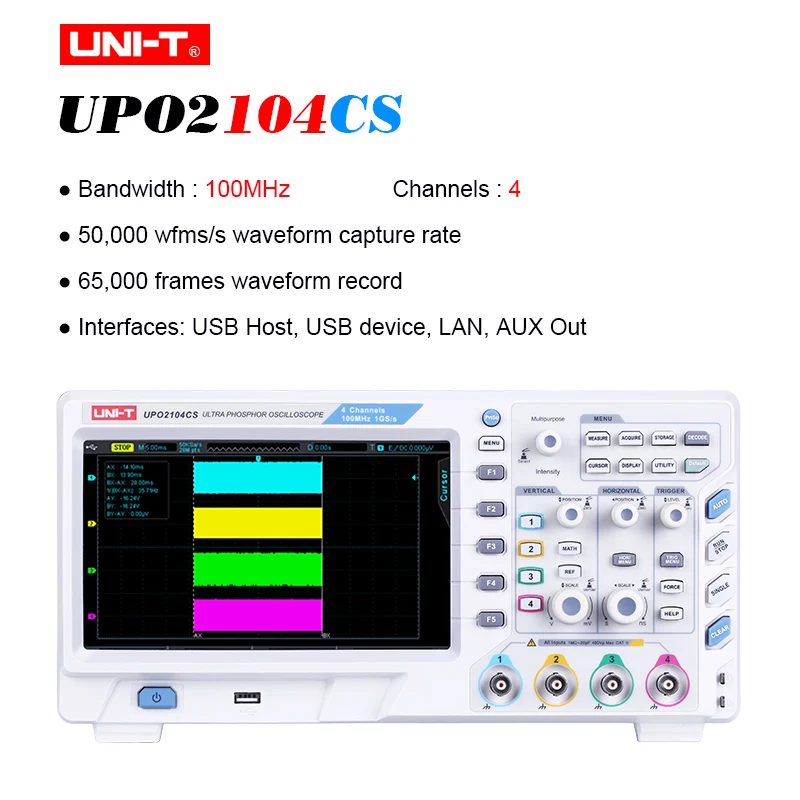 UPO2104CS-100MHz Люминесцентный осциллограф UPO2000CS 70-100 МГц полоса пропускания; Частота дискретизации 1GS/s; 28Mpts Глубина памяти 50000 wfms/s скорость захвата формы волны - Цвет: UPO2104CS-100MHz