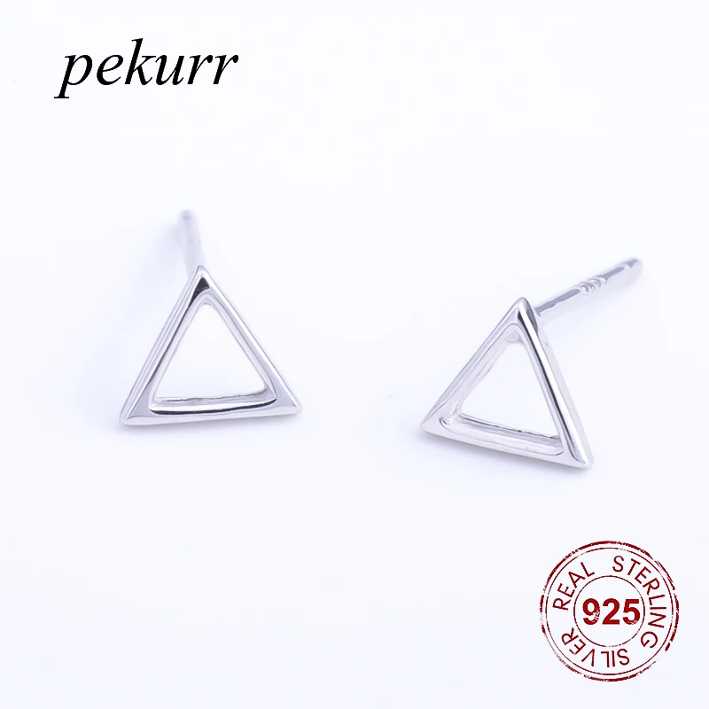 Pekurr 100% 925 пробы серебряные простые полые треугольная форма серьги-гвоздики для