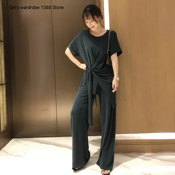 

lady design water soft drop box T-shirt wide leg pants summer lazy suit women's new style