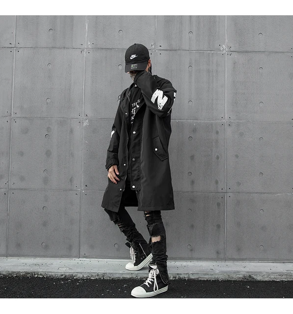 Extra long Hooded jean trench coat for men Black Loose Zipper Punk rock  Hiphop Denim outerwear Autumn Winter