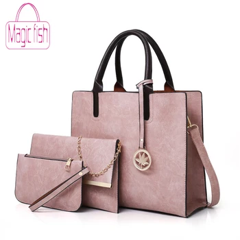 

Magic Fish 3Pcs Women's Bag Set Bag Fashion PU Leather Ladies Handbag Solid Color Messenger Bag Shoulder Bags For Women 2020