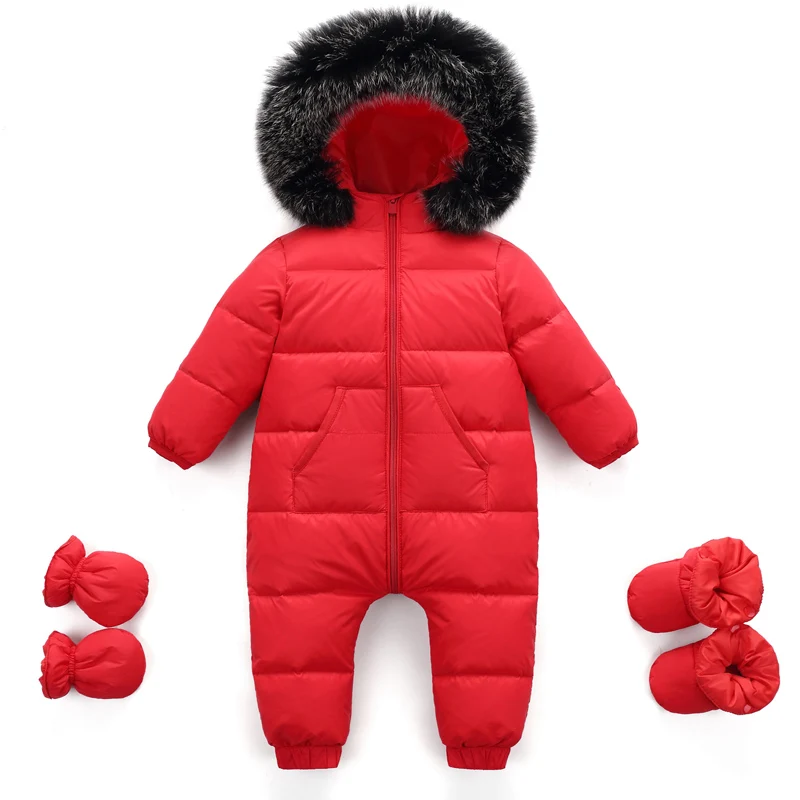 Baby Snowsuit Winter Jumpsuit Newborns Snow Wear Clothes Down Fur Jacket Kids Girls Coats Infant Rompers for Boy Parka Overalls - Цвет: Красный