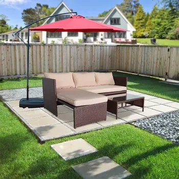 

3 Pieces Garden Outdoor Sofa Settee Set Wood Grain PE Wicker Rattan Sofa with Tempered Glass Table Patio Corner Sofa Set