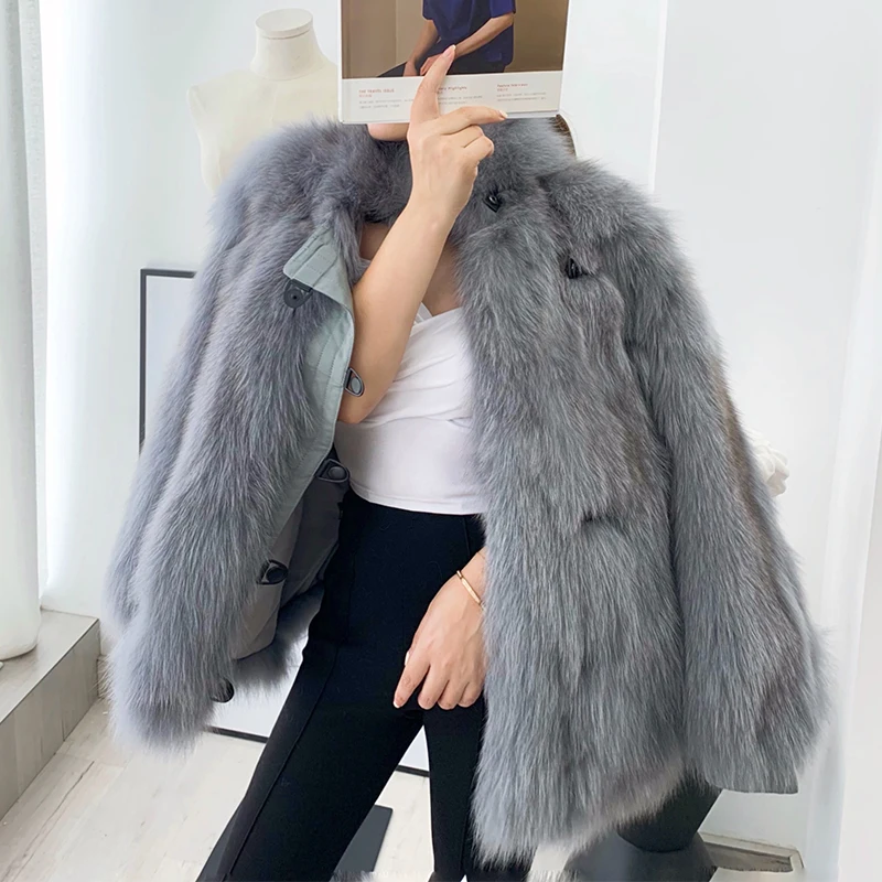 Новинка, модное повседневное пальто из натурального меха, зимняя куртка для женщин, верхняя одежда из натурального Лисьего меха, уличная брендовая Роскошная Корейская водолазка