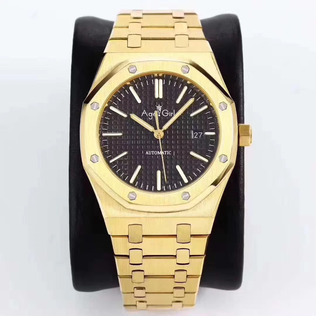 

Luxury Brand New Men Watch Stainless Steel Automatic Mechanical 18k Yellow Gold Blue Black Sapphire Royal Back See Through Oaks