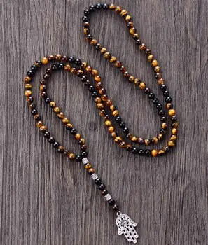 Men Necklace 6MM Tiger Eye Onyx with Antique Beads Hamsa Fatima Hand Pendant Mens Rosary Necklace Men Jewelry Dropshipping