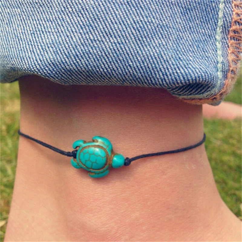 Vintage Green Stone Turtle Rope Ankle Bracelets Women Chain Foot Anklets Summer Foot Accessory