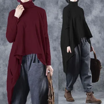 

ZANZEA 2020 Fashion Women's Turtleneck Shirts Irregular Blouse Stylish Solid Tunic Tops Female Long Sleeve Oversized Top 5XL