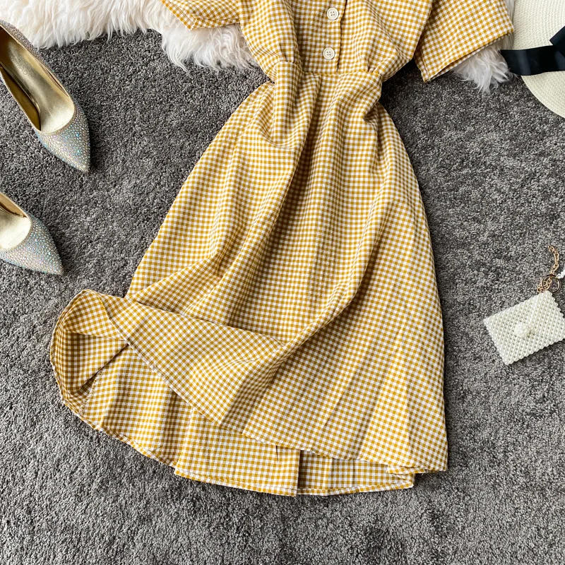 Teeuiear Slim Vintage V Neck Plaid Print Button Dress Slim ladies Summer Midi dress vestido de festa Party Women a-line Dresses