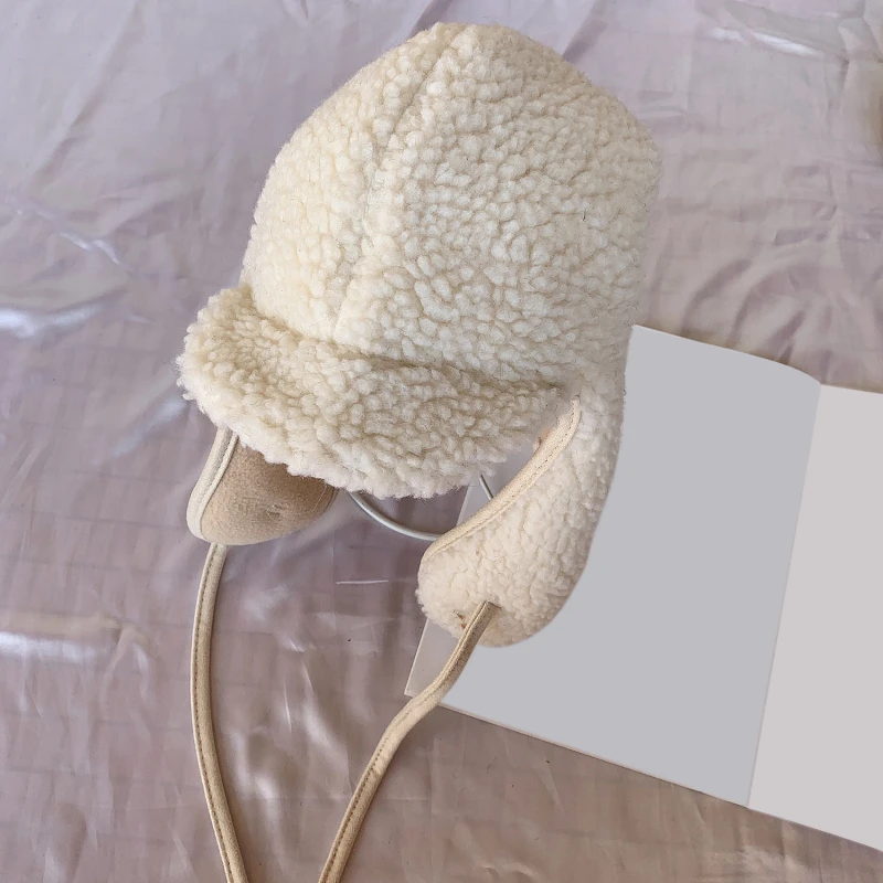 Cute Lamb Wool Earmuffs Hat Women Thickened Thermal Lei Feng Cap Ins Winter ing Cold Protection Hat Men leather bomber cap