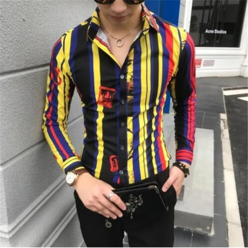 Остроконечная полосатая Мужская рубашка Camisa Social Masculina, приталенная Корейская мужская одежда, осенняя сорочка с длинным рукавом, Homme Manche Longue - Цвет: 1