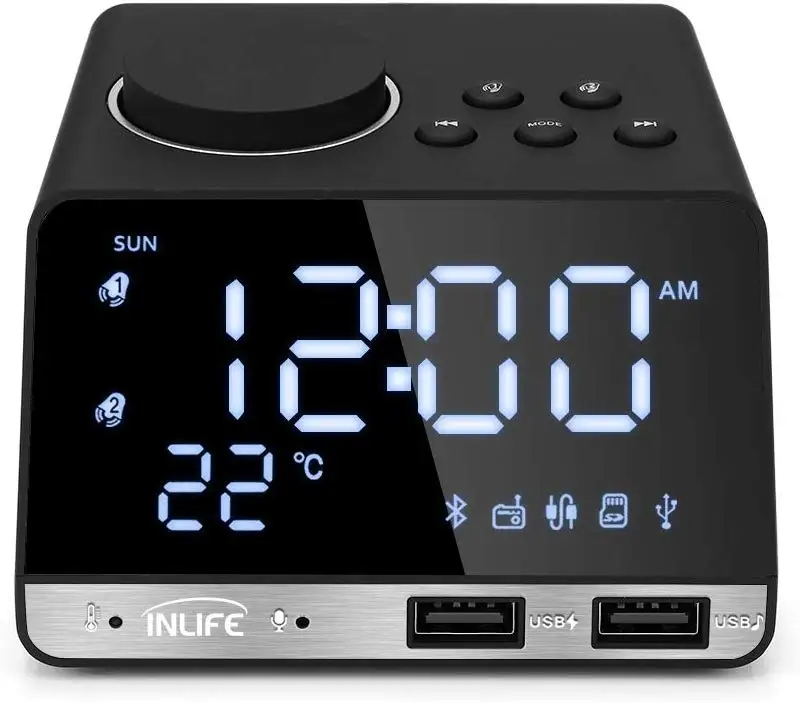 Bluetooth 4,2 двойной будильник динамик с двойным USB интерфейсом креативный fm-радио динамик 4 уровня Светодиодный светильник цифровой дисплей - Цвет: Черный