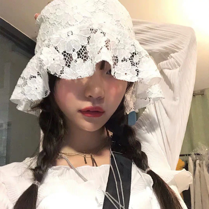 

2020 Kpop Vintage Aesthetic Weaving Lace Flowers Sun Hat Fisherman Hat Summer Thin Breathable Sun Hat For Women Egirl Decoration