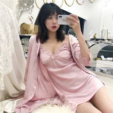 Женское ночное белье, летняя сексуальная ночная рубашка с тонкими лямками, комплект из двух предметов с нагрудной накладкой, собранная Пижама, сексуальный кружевной пеньюар, ледяной шелк