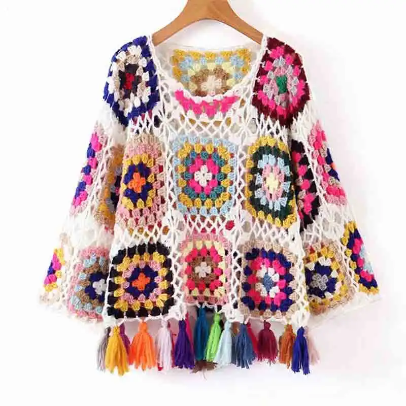 

Boho Inspired Multicolor Sweater women gypsy boho sweaters pullovers Crochet Tassle Hem round neck 3/4 sleeve chic jumper 2019