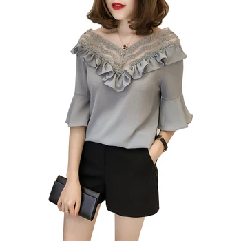 

Fashion Chiffon Blouses Womens Lace Shirts Tops V Neck Female Blusas Rk