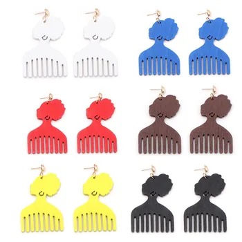 

SexeMara Printing Afro Comb Wood Drop Earrings African Woman Headwrap Tribe Bohemian Jewelry 6 Colors for Blacks' Gifts 1 Pair